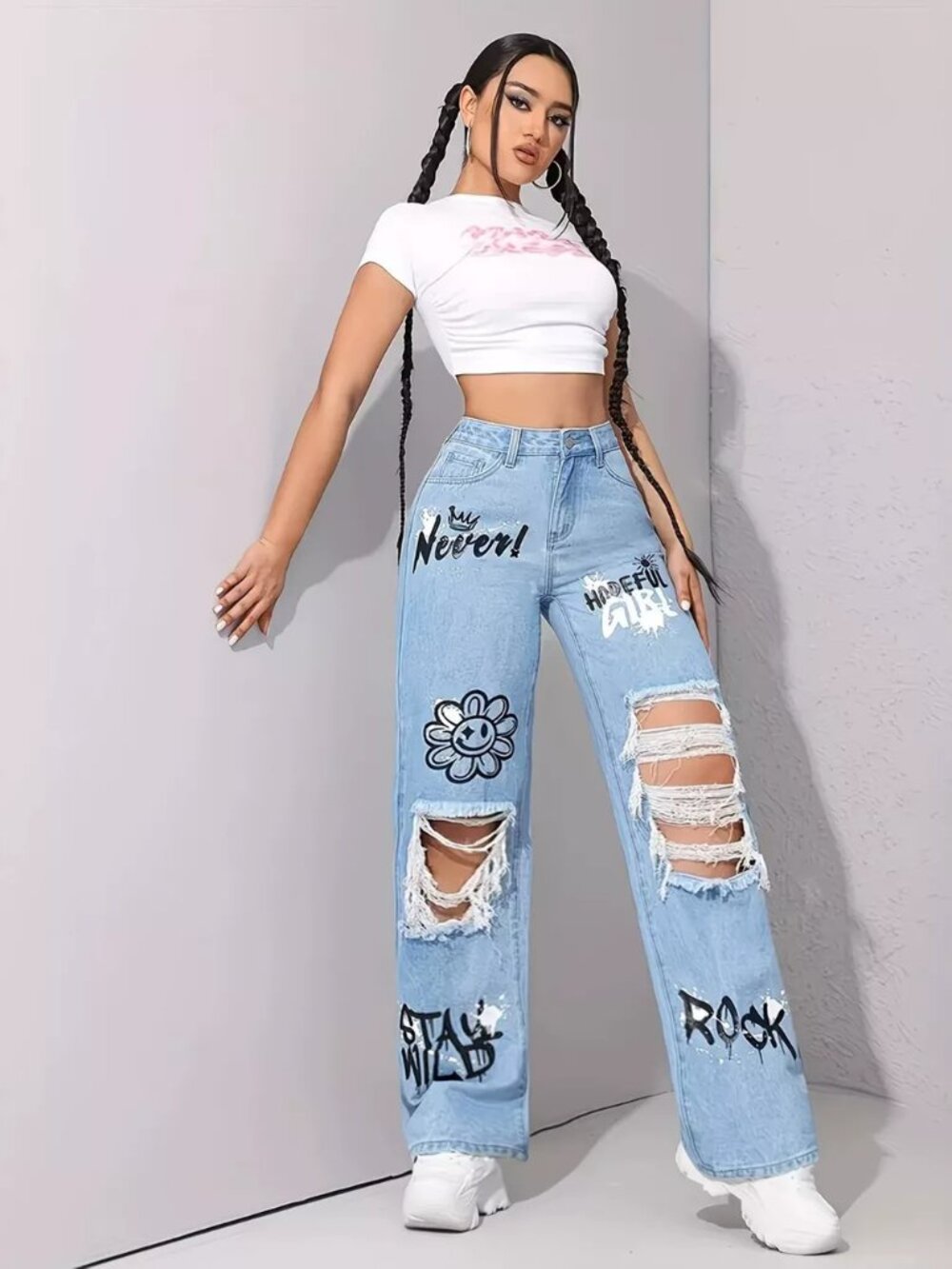 Graffiti Distressed Wide Leg Jeans - Picture 6 of 6